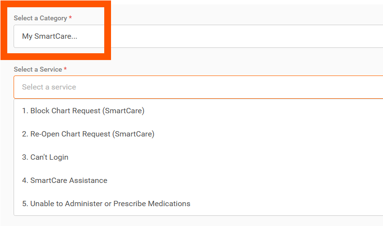 Help Desk form showing category selection for SmartCare ticket